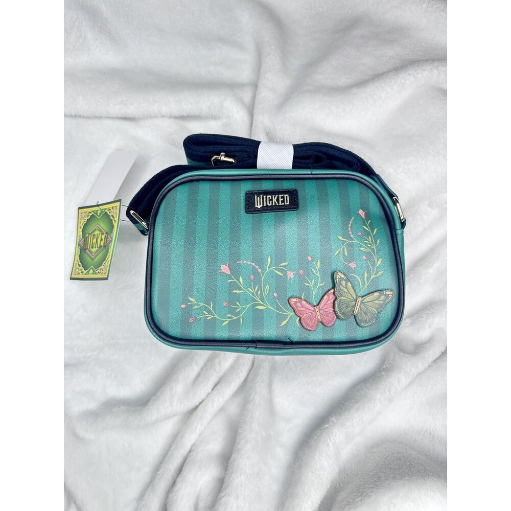 Wicked Bioworld Crossbody Bag Womens Small Green Butterflies Faux Leather Zip